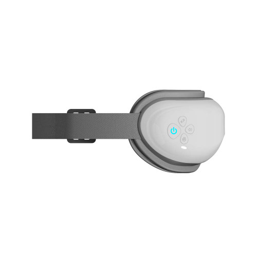 Top-down view of the Wellbeing eye massager, showing its white control panel with a power button and the grey strap.