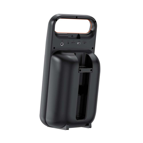Back of the black Karaoke M200 speaker, showing the orange-lined handle and panel with USB, mic, and other input ports.