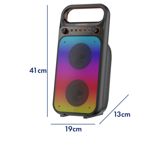 The Karaoke Speaker with a multicolour lightshow grille, with dimensions of 41cm by 19cm by 13cm.