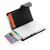 An open C-Secure cardholder wallet shows cards fanned out from its silver aluminium case and tucked into its black leather cover.