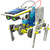 A multi-legged solar robot with a white and grey body, yellow gears, a solar panel on top, and a visible blue gearbox.