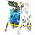 A six-legged walking solar robot with binocular eyes, a solar panel, and a see-through blue body revealing the gears inside.