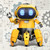 Tobbie the yellow six-legged AI robot, with glowing blue eyes, waves its claw in front of grey science doodles.