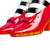 A close-up of the Red Slippers tabletop vase, focusing on the glossy red shoe with gold text reading "No Place Like Home."