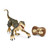 A green and beige remote-controlled raptor dinosaur toy crouches low beside its brown, fossil-themed remote controller.