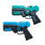 Two electronic laser tag guns from the RED5 game set, one finished in teal-green and black, the other in blue and black.
