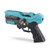 A futuristic-looking electronic laser tag pistol in teal and black, with red and yellow lights glowing on its side.