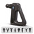 A black Wellbeing Cordless Massage Gun with a triangular handle is shown above seven interchangeable massage heads of different shapes, including round, forked, flat, and spiked attachments.