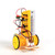 A yellow two-wheeled DIY robot seen from the front, with its breadboard circuitry, battery pack, and sensors clearly visible.