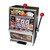 A classic-style Lucky Slot Machine with a silver-coloured front, three spinning wheels, a red lever and light on top.