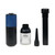 The portable mini vacuum cleaner laid out with its blue and black body, dust cup, crevice tool, and brush head.