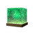 A Northern Lights Projector with a textured glass cube body on a wooden base, glowing with a vibrant green light from within.