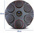 A circular black speaker boxing pad on a white background with red lights around the six boxing pads with measurements for width and height.