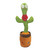 A green plush toy shaped like a cactus with big, googly eyes, a red scarf, and a smile, standing in a brown and tan fabric pot.