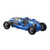 The completed blue Vintage Racer model kit, showing its detailed exposed engine, silver exhaust pipes, and open-wheel design.