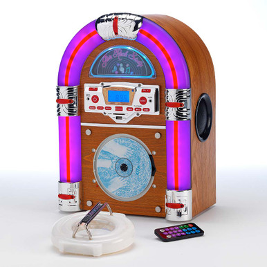 Steepletone Jive Rock Sixty Mini Bluetooth Jukebox with Radio, CD Player, MP3 & Aux-in Playback - Light Wood