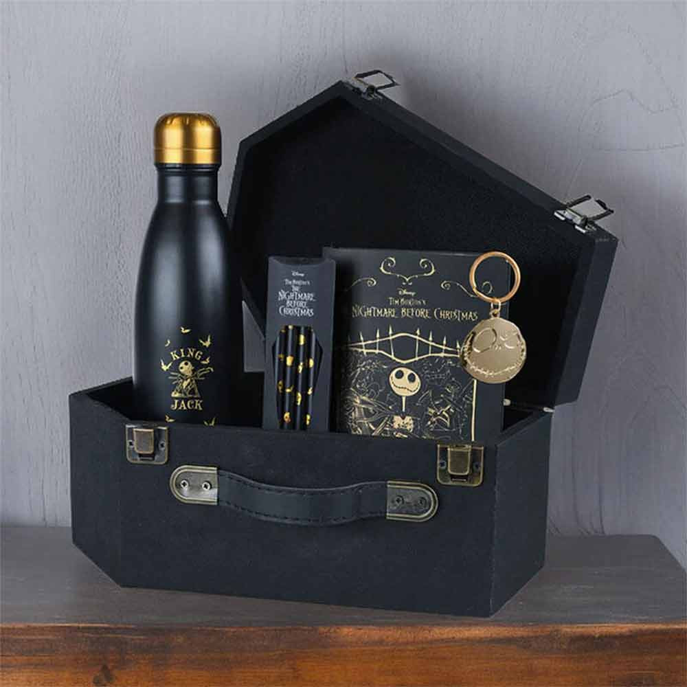 Disney The Nightmare Before Christmas Jack Skellington Coffin Gift Set with Metal Water Bottle, Notepad, Keyring and Pencils, Black and Gold