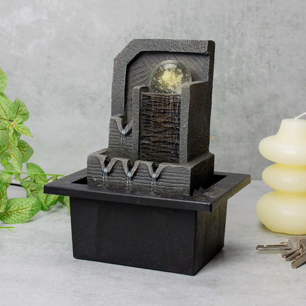 Well Being Aztec Indoor Illuminated Water Fountain with Spinning Ball, Light Colour Resin Feature for Calm Home Ambience, Model 95043
