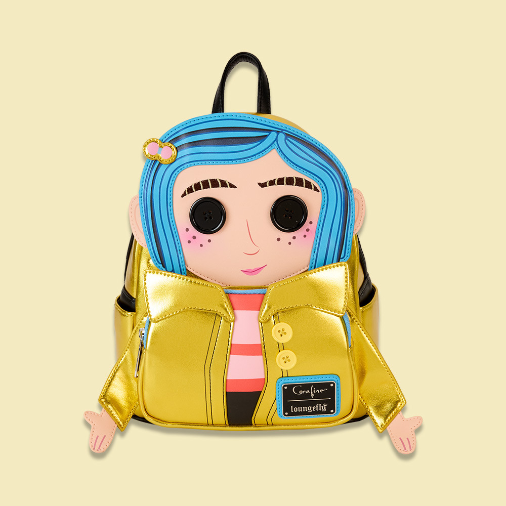 Loungefly Coraline 15th Anniversary Mini Backpack in Gold Vegan Leather with Button Eye Detail