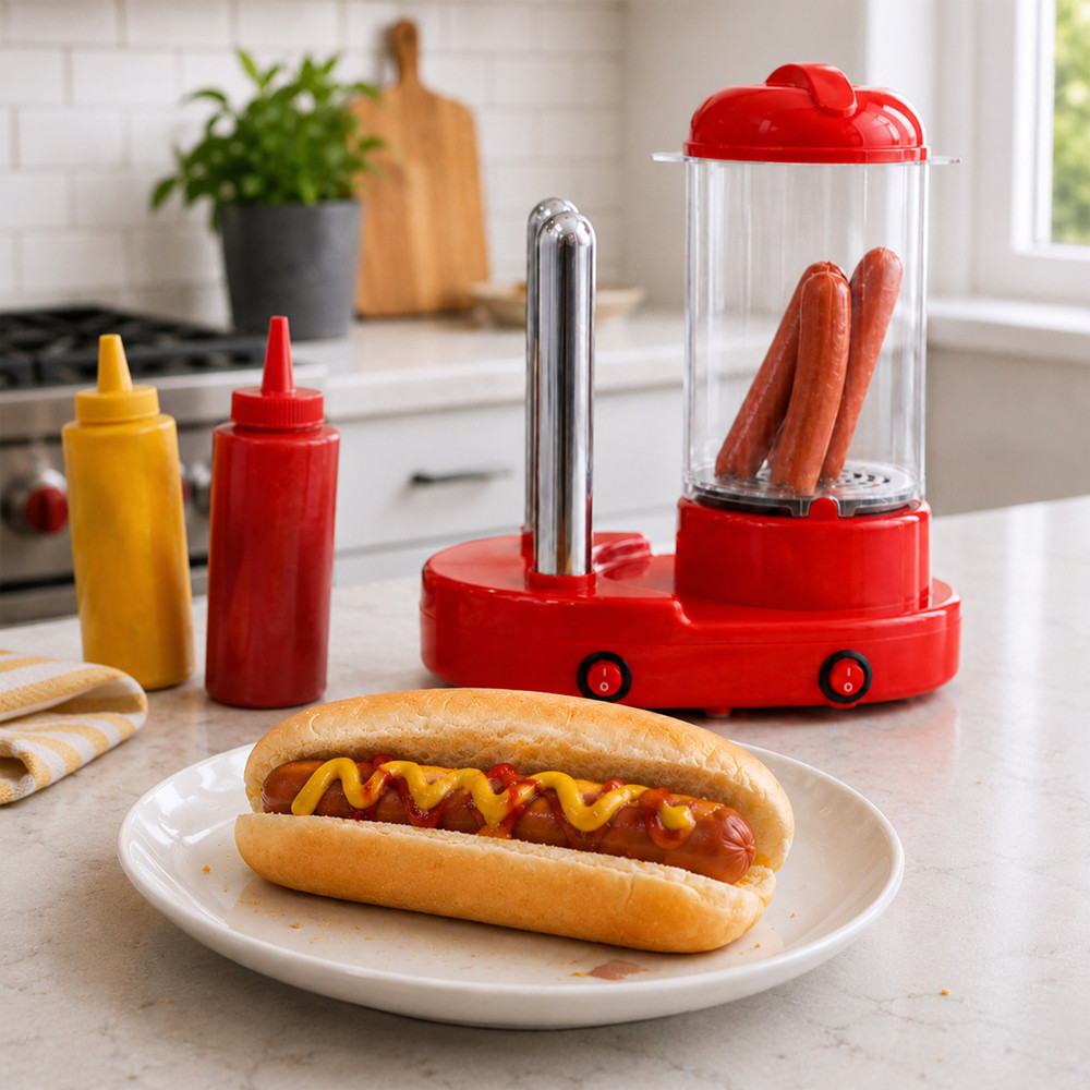 Treat Factory Hot Dog Maker, Red Kitchen Appliance for Steaming 6 Sausages and Warming Buns Simultaneously, Compact Countertop Design