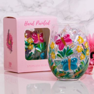 Butterfly Garden Stemless Glass by Lynsey Johnstone