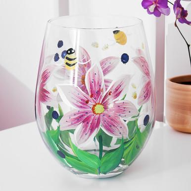 Pink Lillies Stemless Glass by Lynsey Johnstone