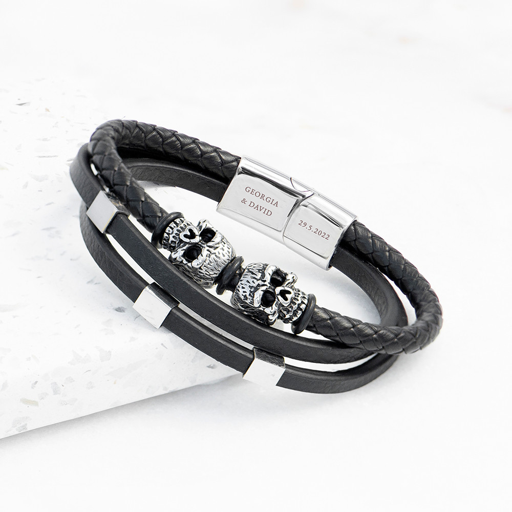 Treat Gifts Men's Personalised Skulls Leather Rope Bracelet