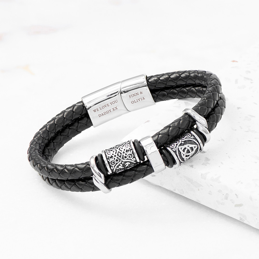 Treat Gifts Men's Black Personalised Celtic Knot Leather Bracelet