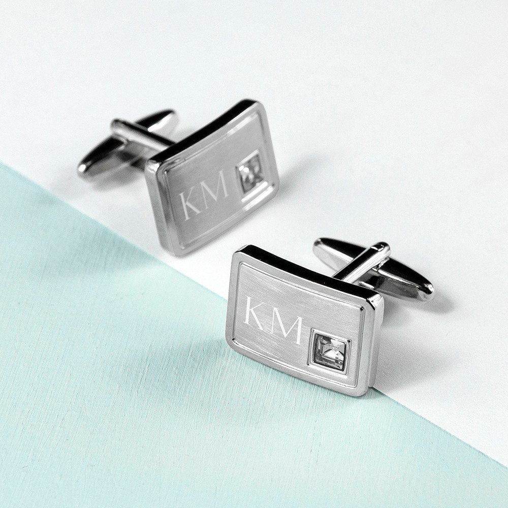 Treat Gifts Silver Personalised Brushed Cufflinks With Crystal
