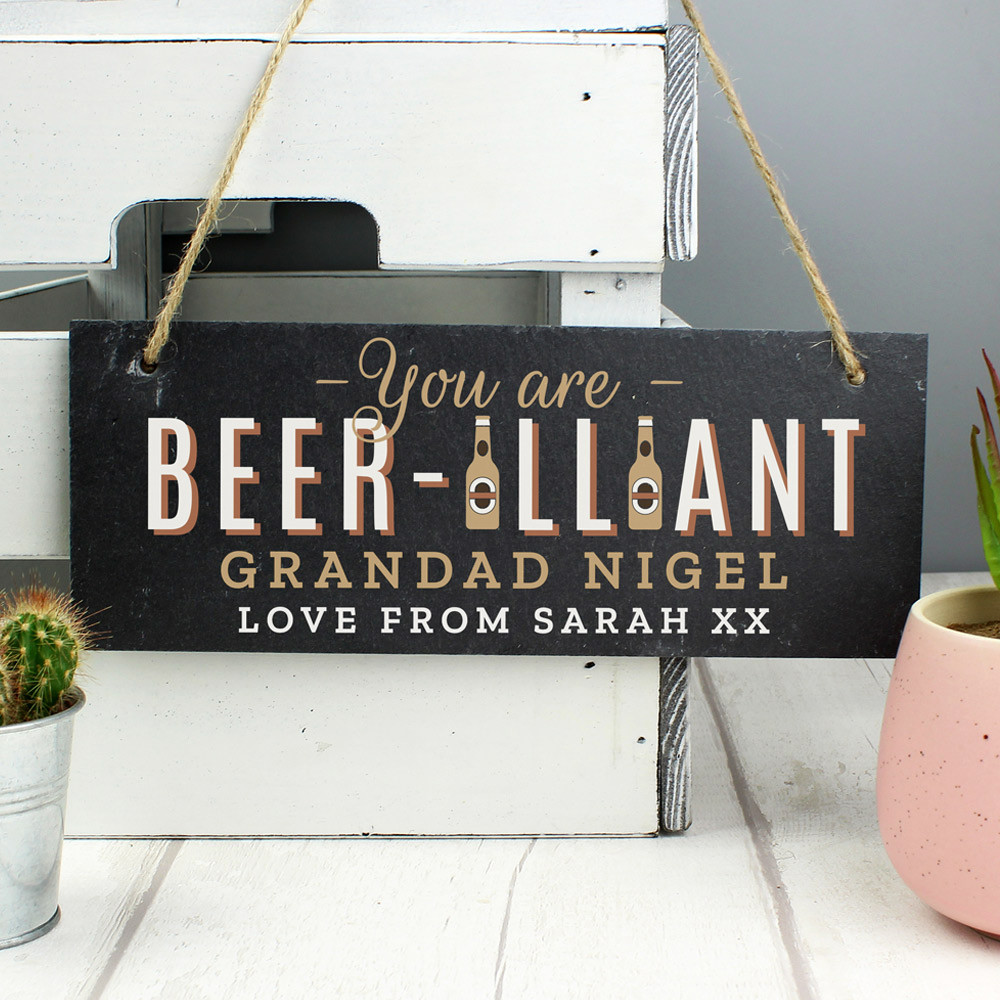 Personalised Memento Company Gold Personalised Beer-Illiant Hanging Slate Plaque