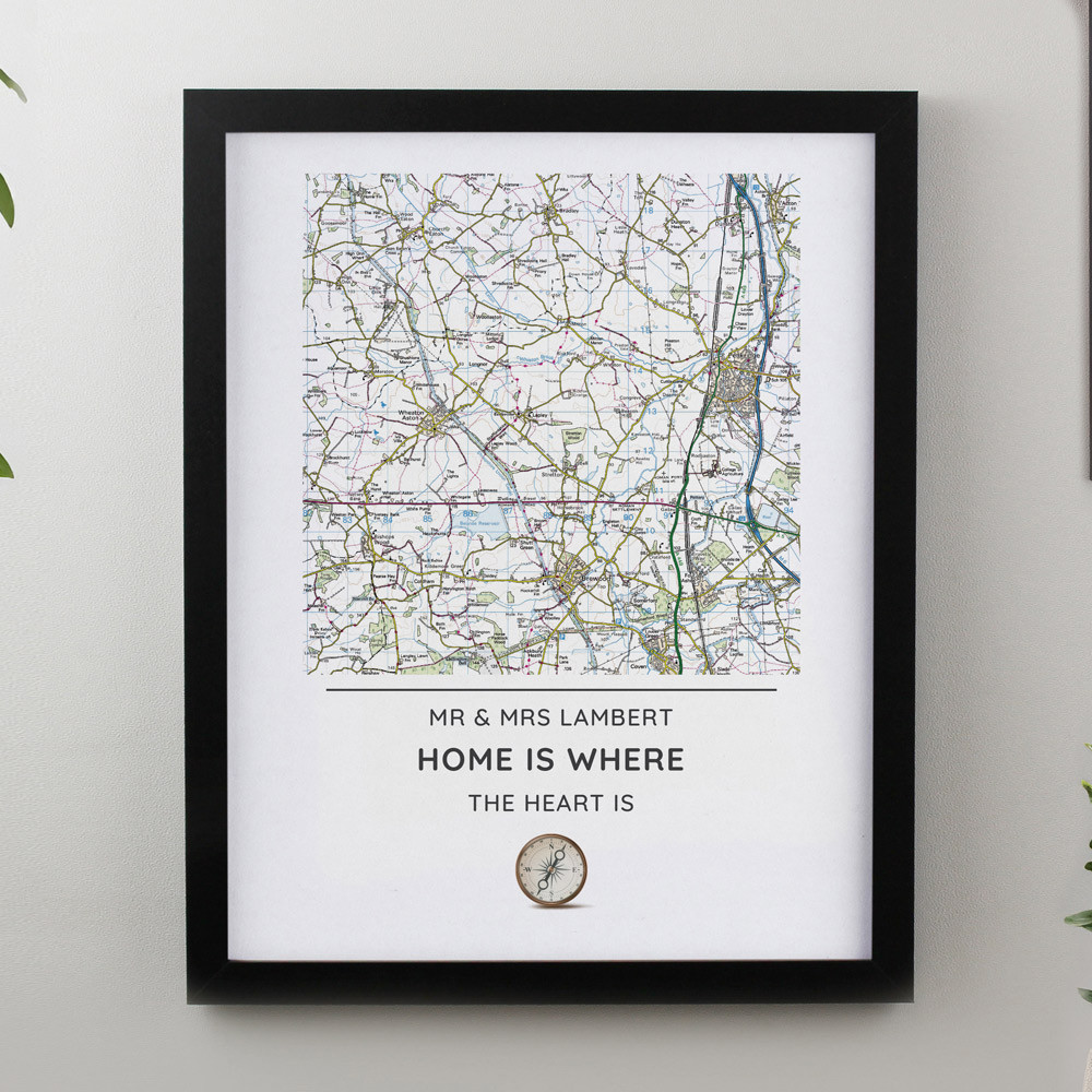 Personalised Memento Company Black Personalised Present Day Compass Map Framed Poster