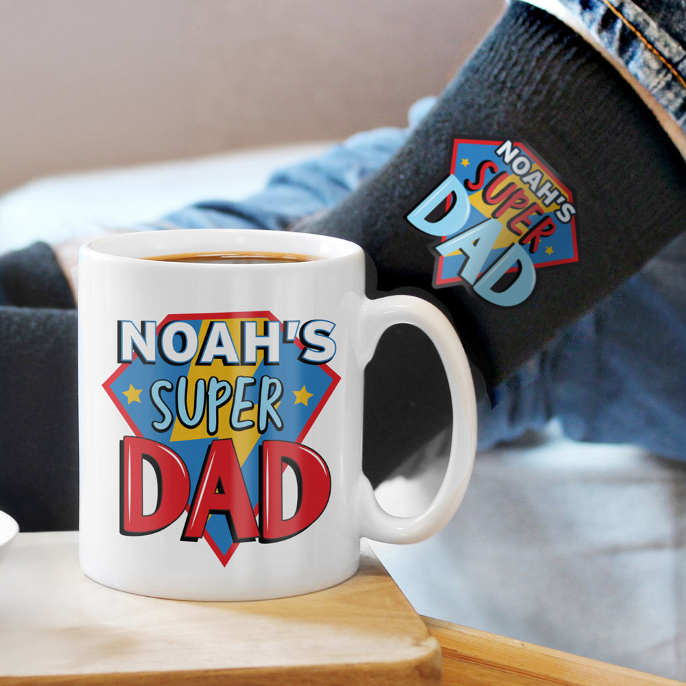 Personalised Memento Company Men's Black Personalised Super Dad Mug & Socks Set