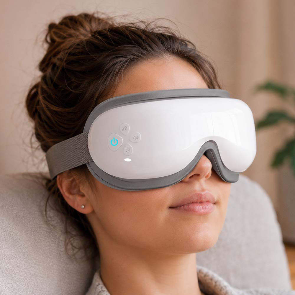 Well Being Wireless Heated Eye Massager with 45°C Heat, White Leather Foldable Design for Relaxation and Eye Strain Relief