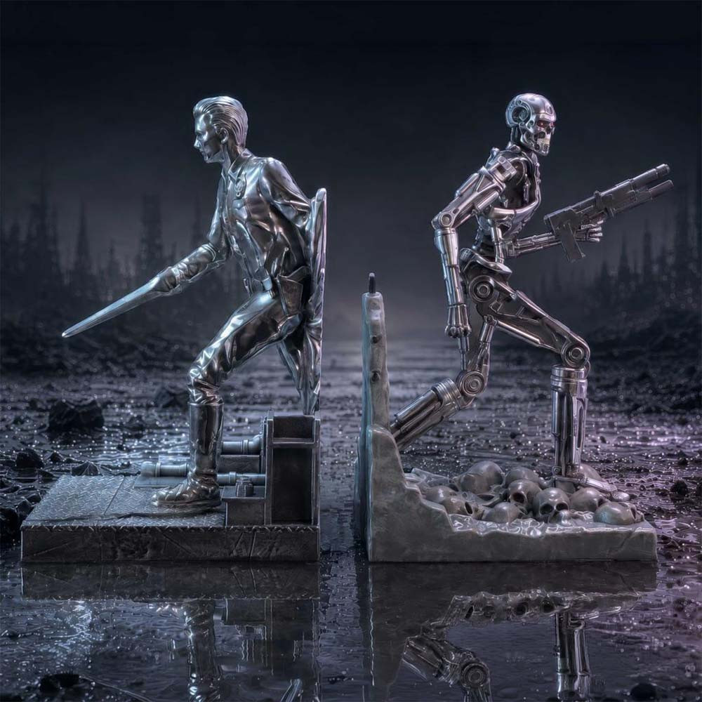 Terminator T-1000 and T-800 Decorative Resin Bookends for Sci-Fi Fans, 14, Red and Light