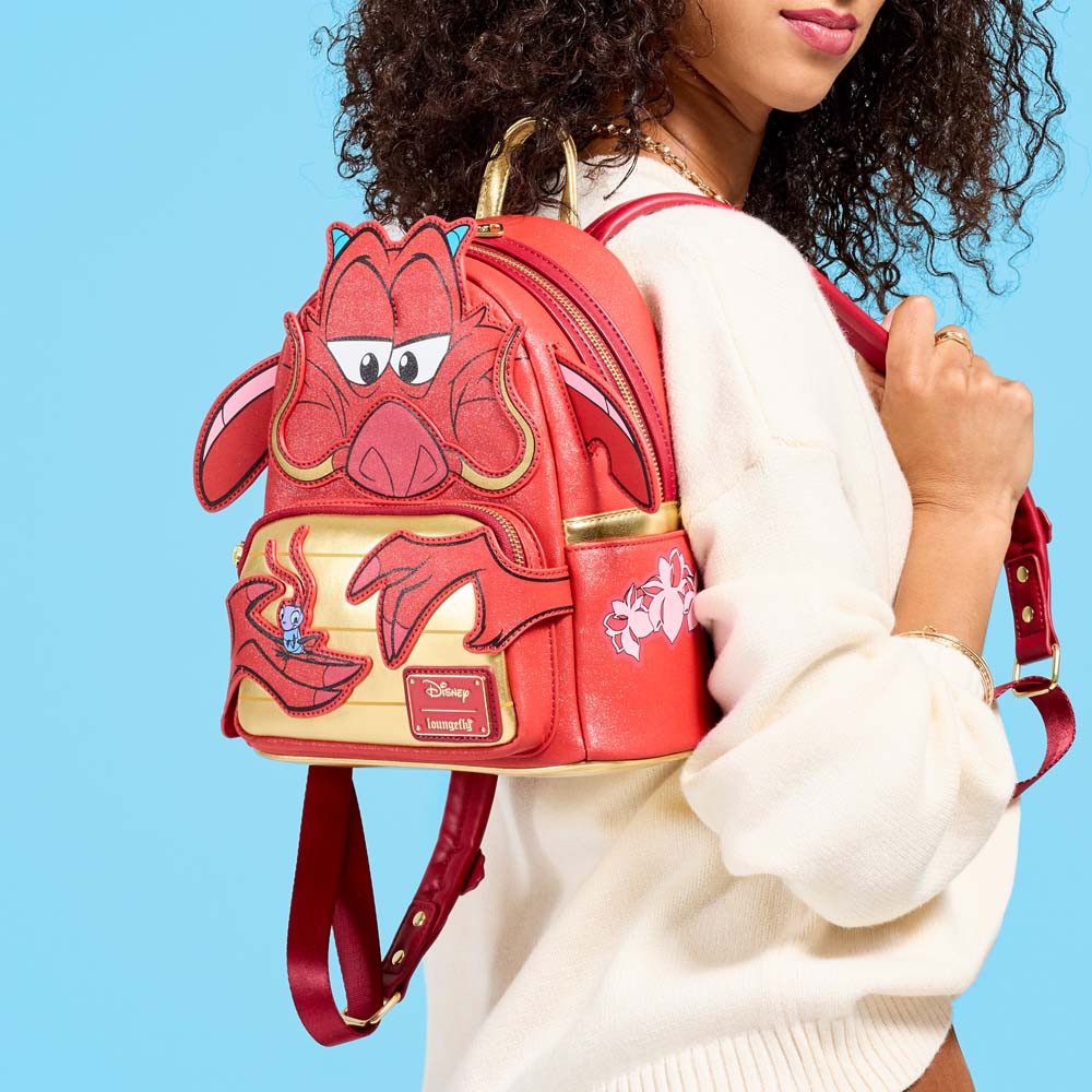 Disney Mulan Mushu Loungefly Mini Backpack in Gold with Applique Detail and Adjustable Straps 130463