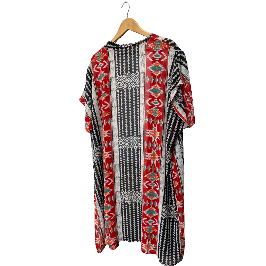 Sheer Kimono Shawl Red & Black Tribal Design