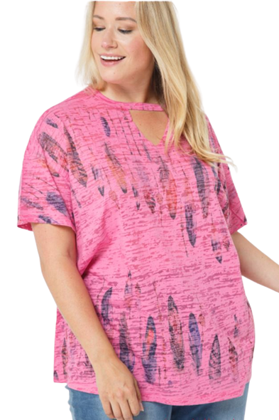 Top Tribal Pink With Feathers Short Sleeve (1Xl-3Xl)