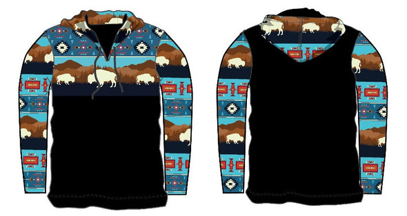 Hooded T-Shirt Bison Turquoise S-3XL Long Sleeve