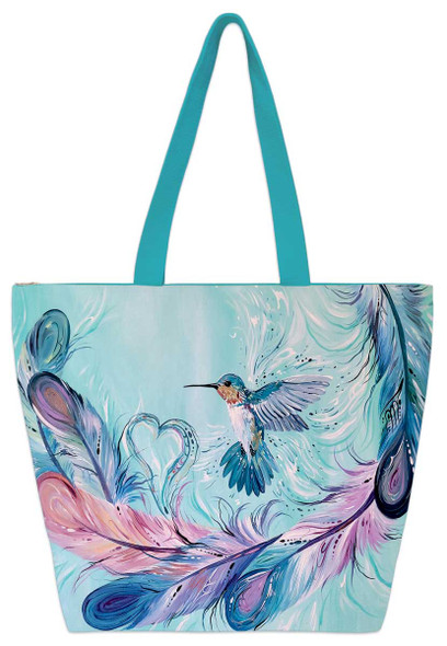 Canvas Tote Hummingbird Feathers Zipper/Pocket