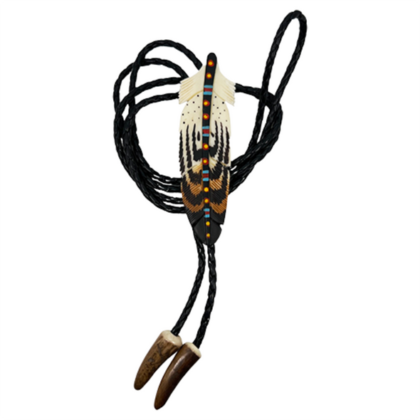 Bolo Tie Painted Feather Carved Bone