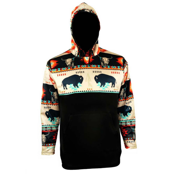 Hooded Long Sleeve T-shirt with Bison Bull - Black Hooded Long Sleeve T-shirt with Bison Bull - Black