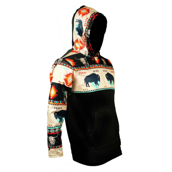 Hooded Long Sleeve T-shirt with Bison Bull - Black Hooded Long Sleeve T-shirt with Bison Bull - Black