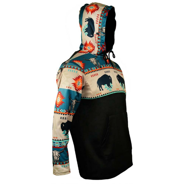 Hooded Long Sleeve T-shirt with Bison Bull - Teal Hooded Long Sleeve T-shirt with Bison Bull - Teal