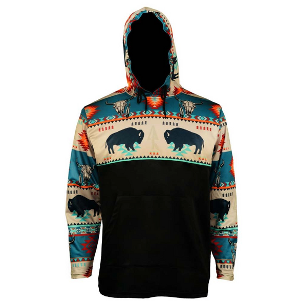 Hooded Long Sleeve T-shirt with Bison Bull - Teal Hooded Long Sleeve T-shirt with Bison Bull - Teal