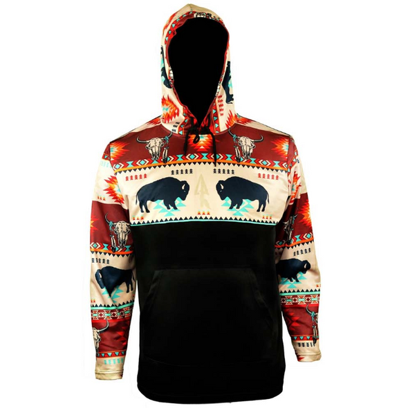 Hooded Long Sleeve T-shirt with Bison Bull - Merlot Hooded Long Sleeve T-shirt with Bison Bull - Merlot