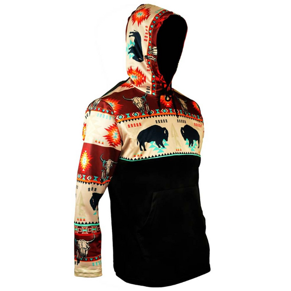 Hooded Long Sleeve T-shirt with Bison Bull - Merlot Hooded Long Sleeve T-shirt with Bison Bull - Merlot