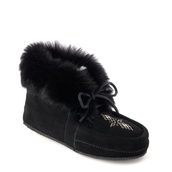 Tipi Suede Mid Moccasin with Fur Trim - Black