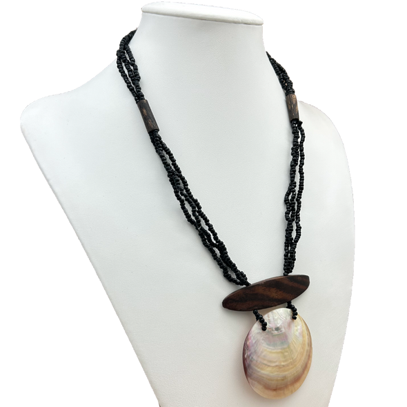 Statement Strung Necklace Black Beads & Shell