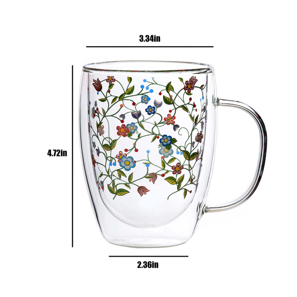 Glass Mug Floral Enchantment Double Wall 11oz