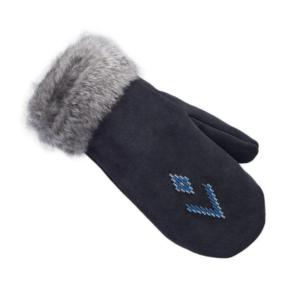 Fur Trim Mitt Navy Adult